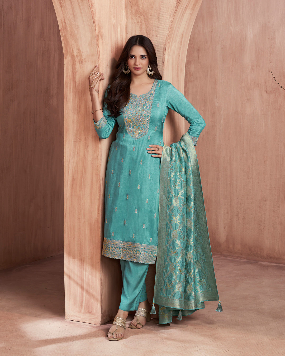 Seafoam Allure Embellished Dola Silk Pant Set