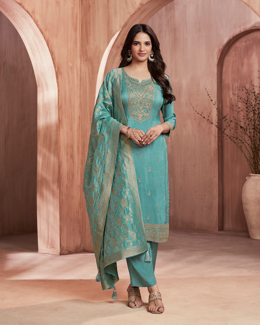 Seafoam Allure Embellished Dola Silk Pant Set