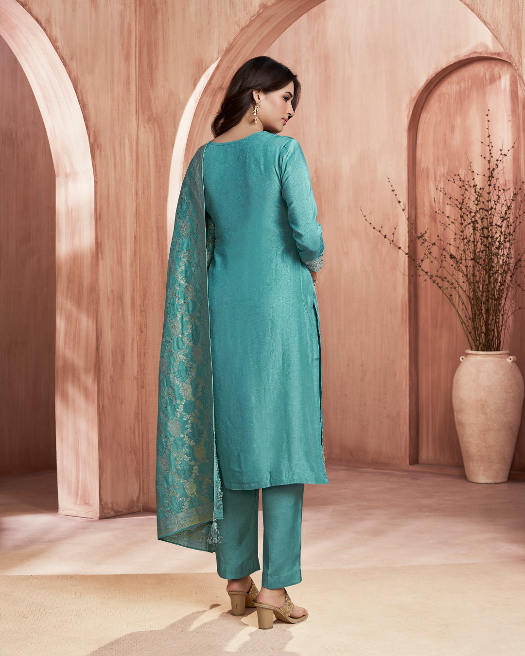 Seafoam Allure Embellished Dola Silk Pant Set