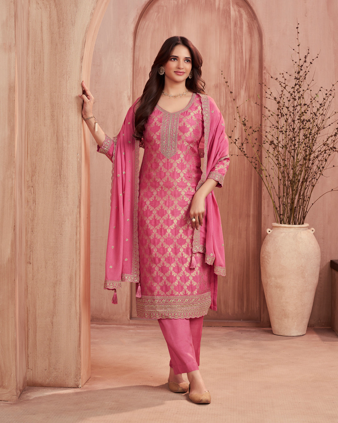 Quartz Glow Embellished Dola Silk Pant Set