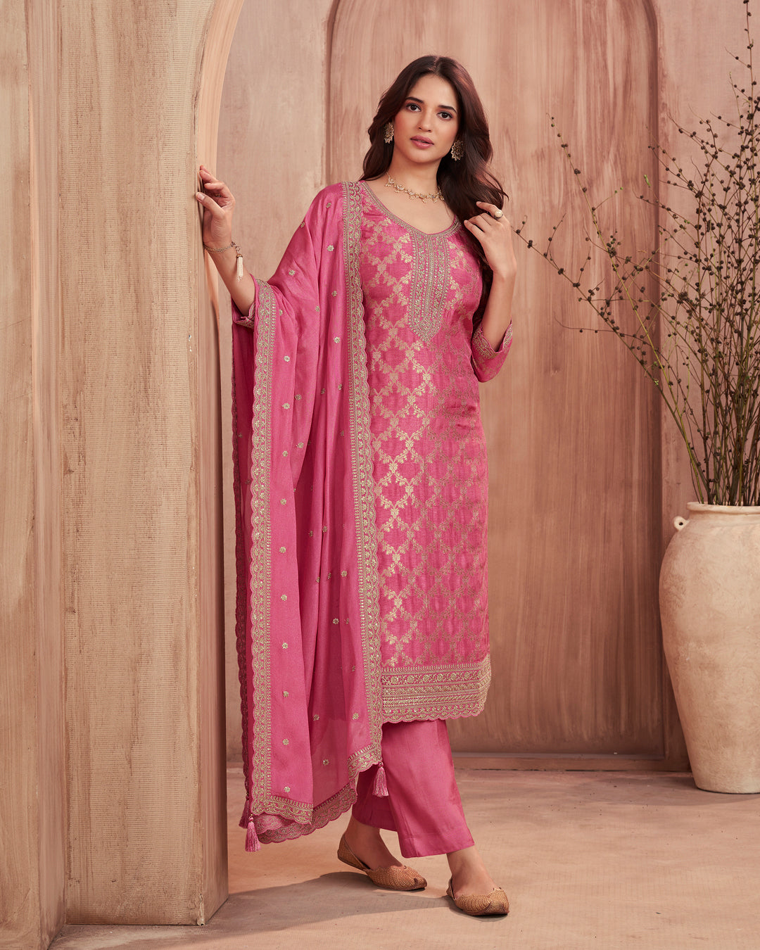 Quartz Glow Embellished Dola Silk Pant Set