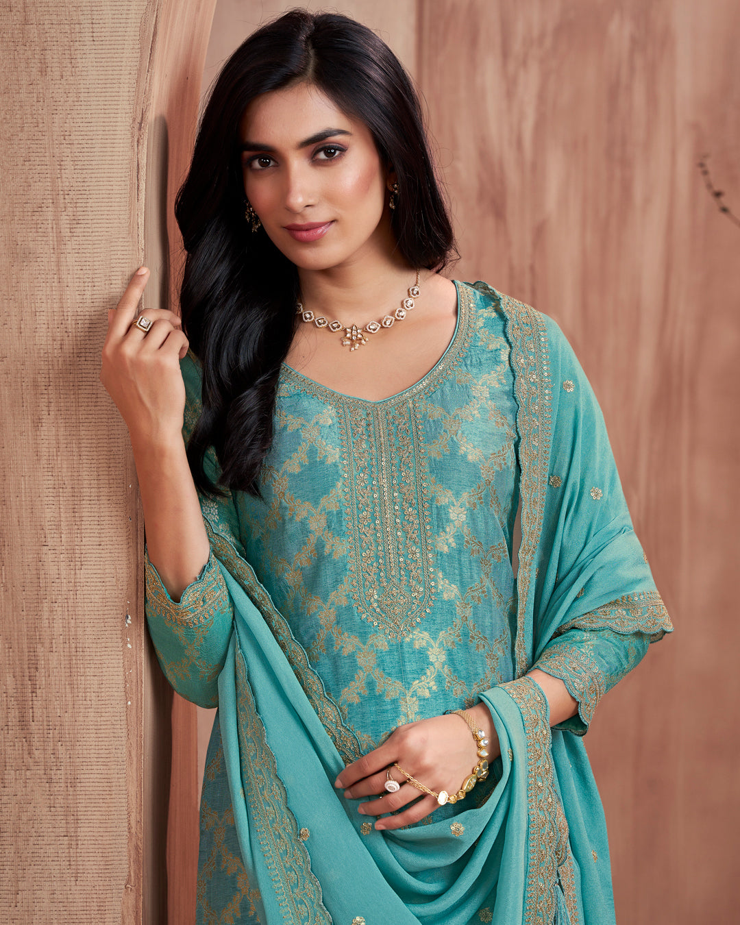 Aquamarine Glow Embellished Dola Silk Pant Set