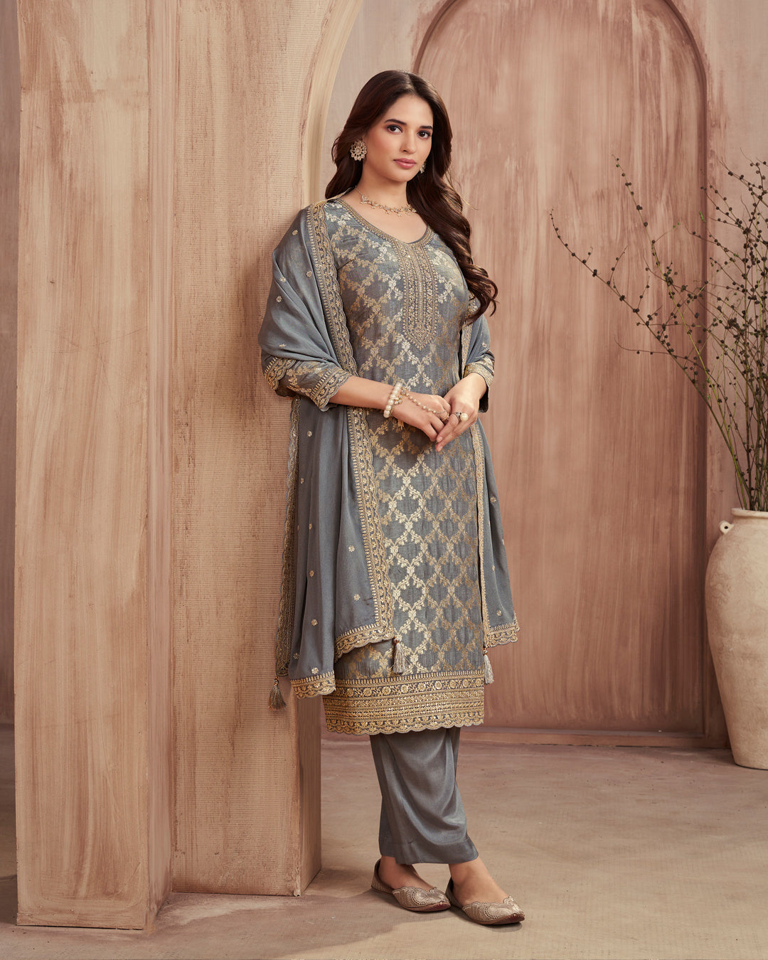 Steel Glow Embellished Dola Silk Pant Set