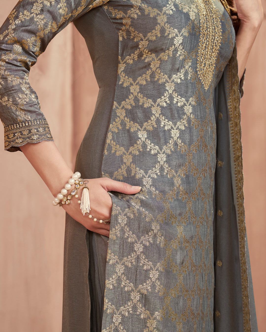 Steel Glow Embellished Dola Silk Pant Set