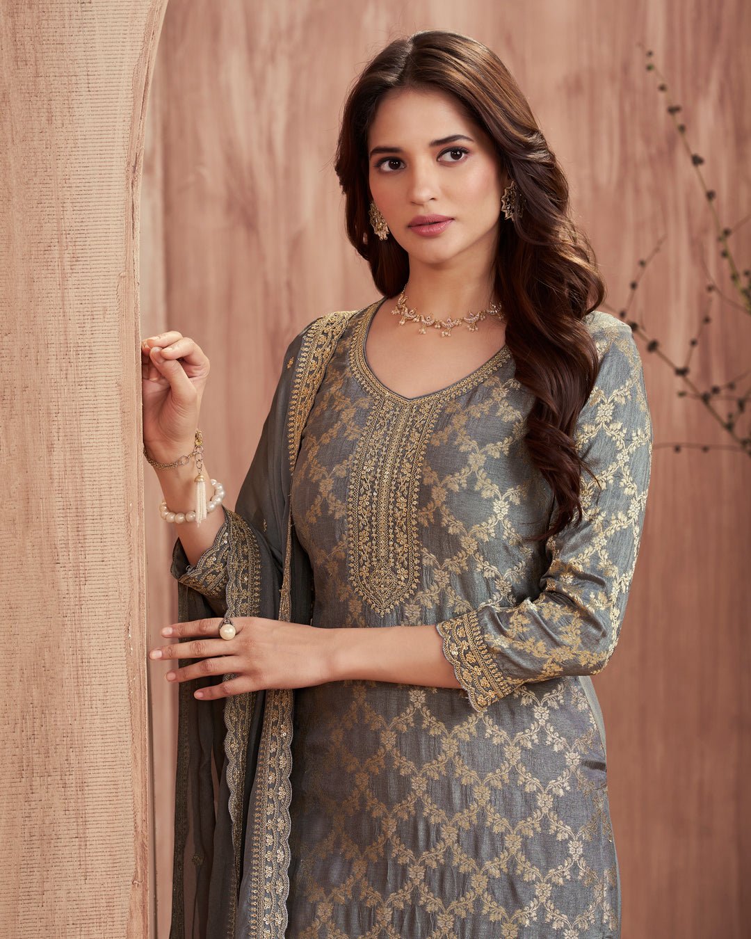 Steel Glow Embellished Dola Silk Pant Set