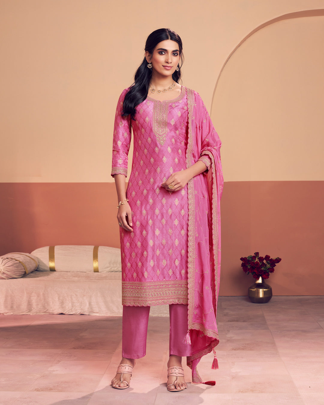 Peony Aura Embellished Dola Silk Pant Set