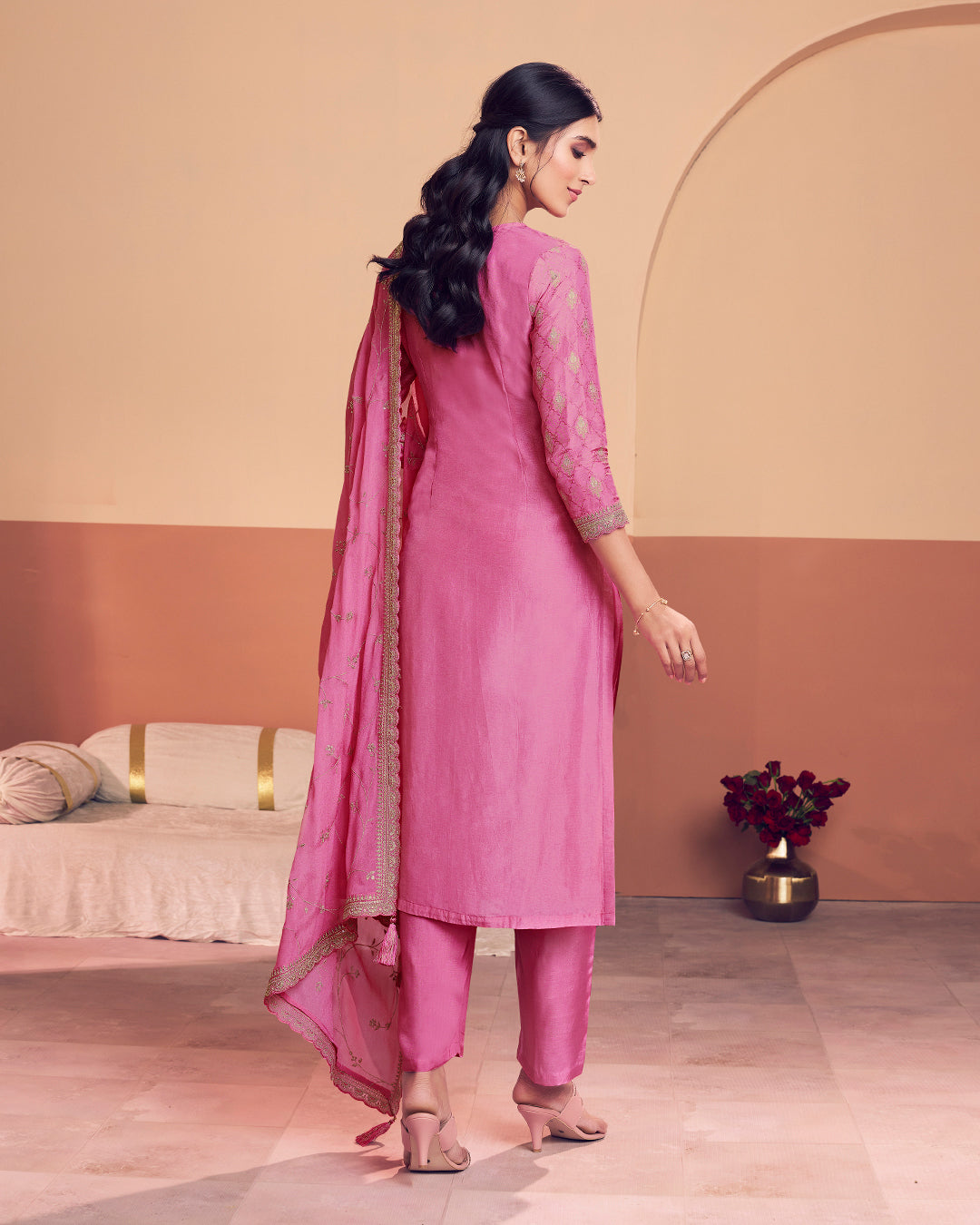 Peony Aura Embellished Dola Silk Pant Set