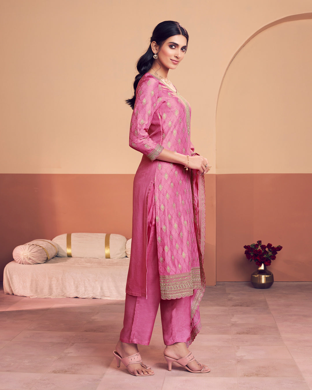 Peony Aura Embellished Dola Silk Pant Set