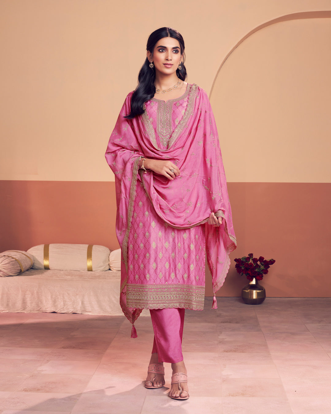 Peony Aura Embellished Dola Silk Pant Set