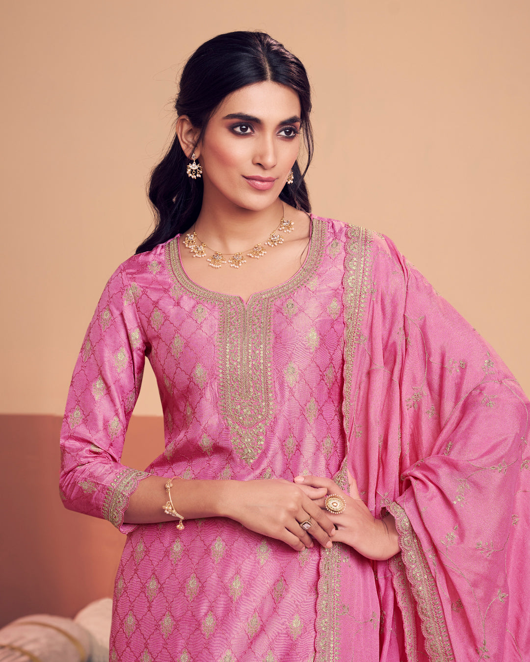 Peony Aura Embellished Dola Silk Pant Set