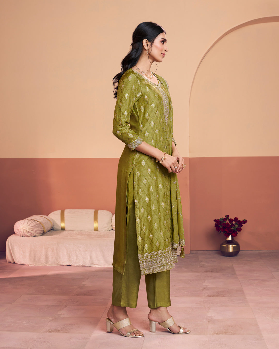 Earthy Aura Embellished Dola Silk Pant Set