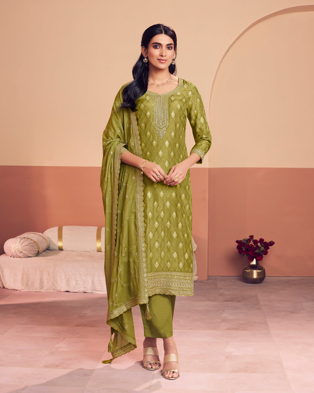 Earthy Aura Embellished Dola Silk Pant Set