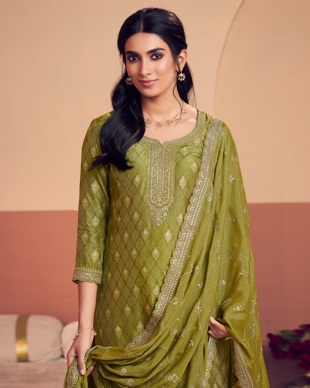 Earthy Aura Embellished Dola Silk Pant Set