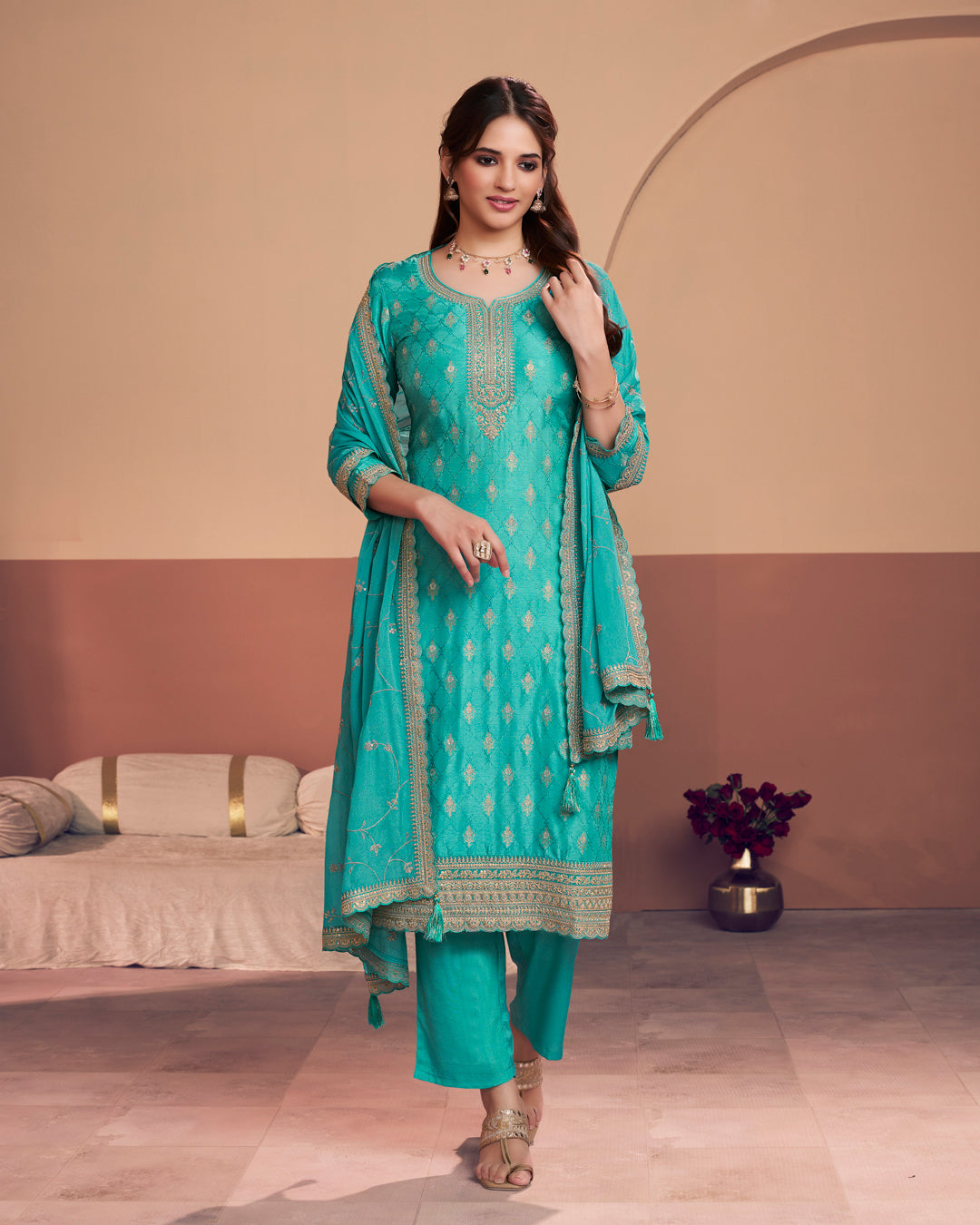 Cerulean Aura Embellished Dola Silk Pant Set