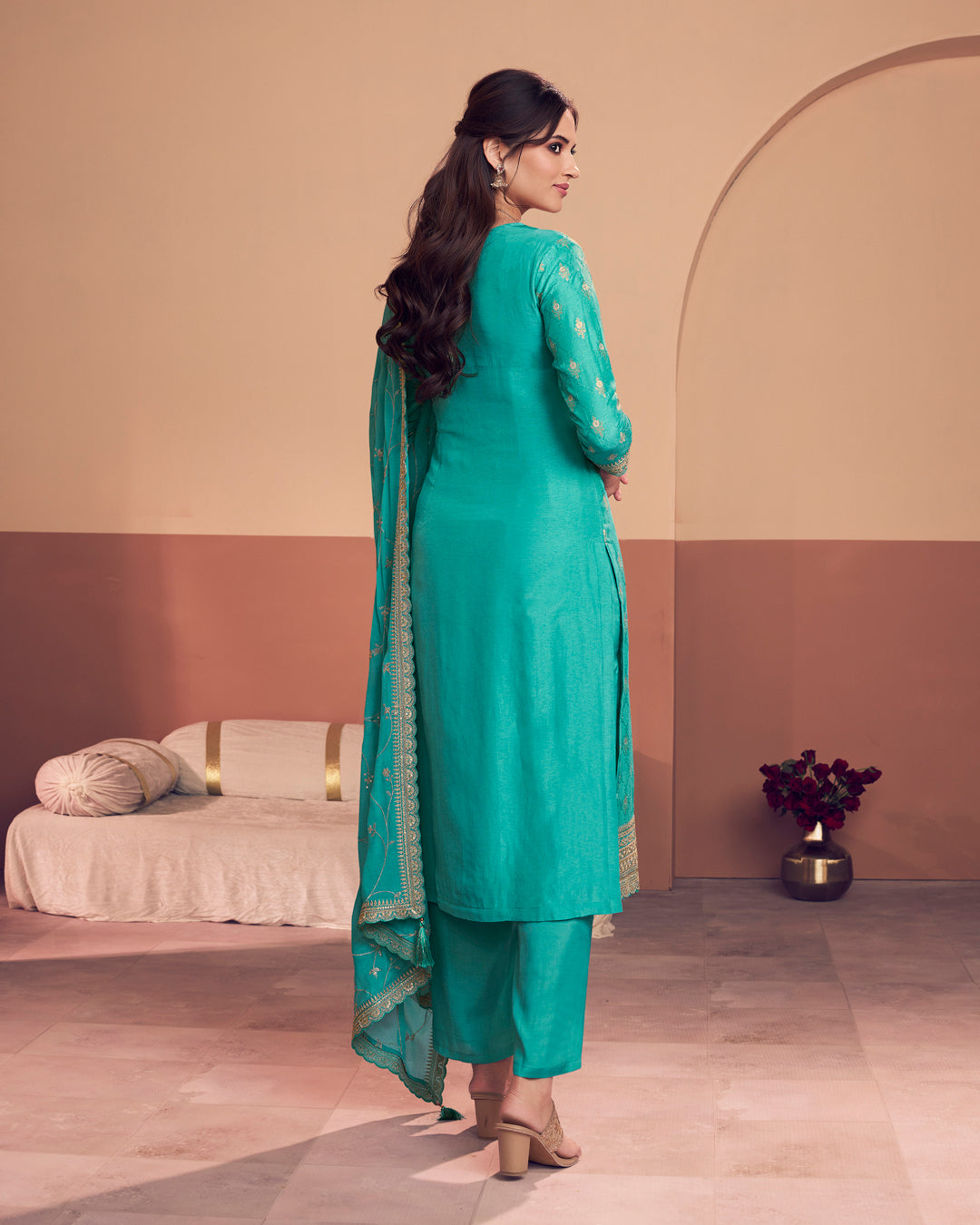 Cerulean Aura Embellished Dola Silk Pant Set