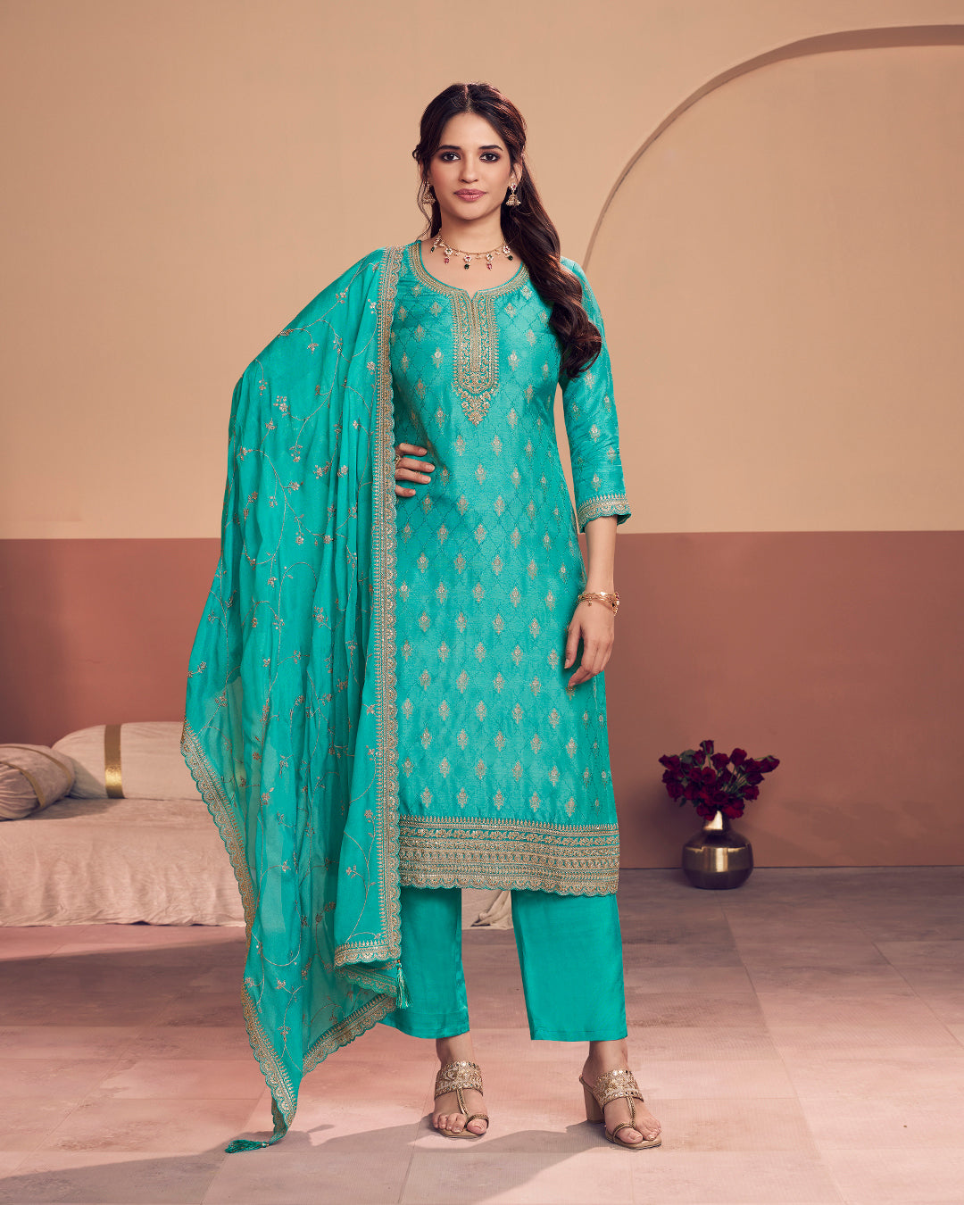 Cerulean Aura Embellished Dola Silk Pant Set