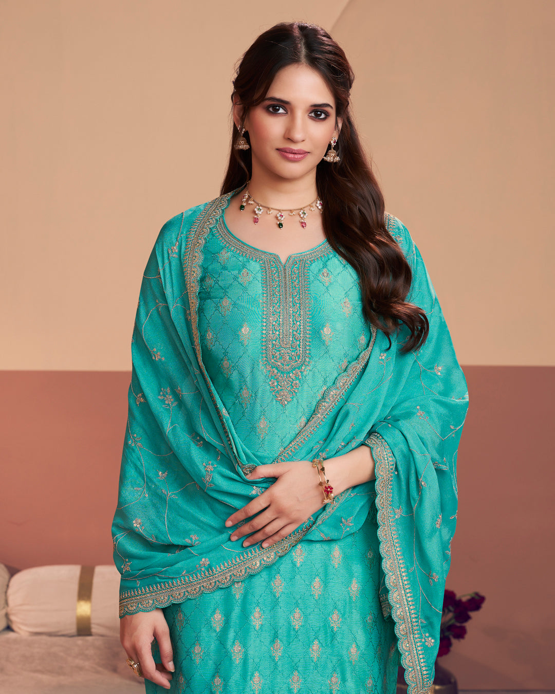 Cerulean Aura Embellished Dola Silk Pant Set