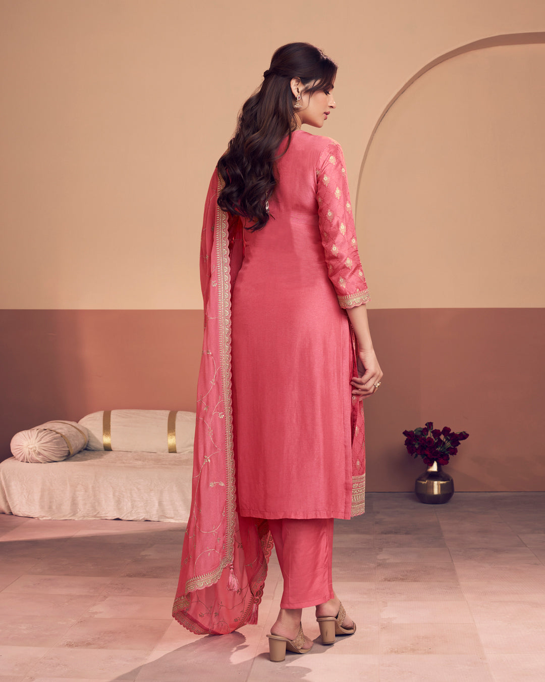 Coral Aura Embellished Dola Silk Pant Set