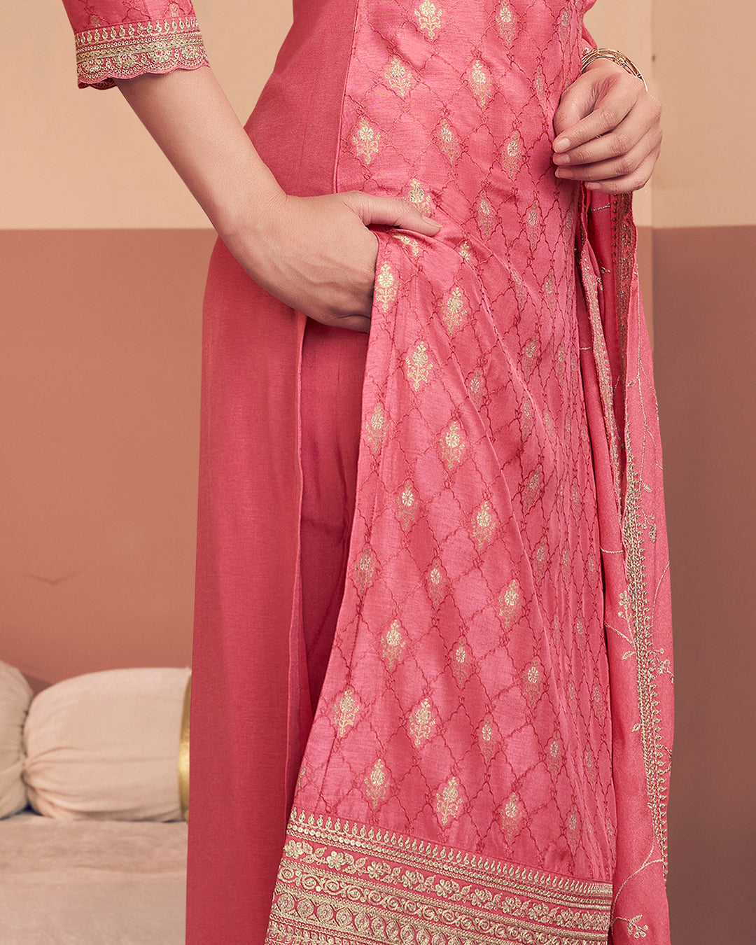 Coral Aura Embellished Dola Silk Pant Set