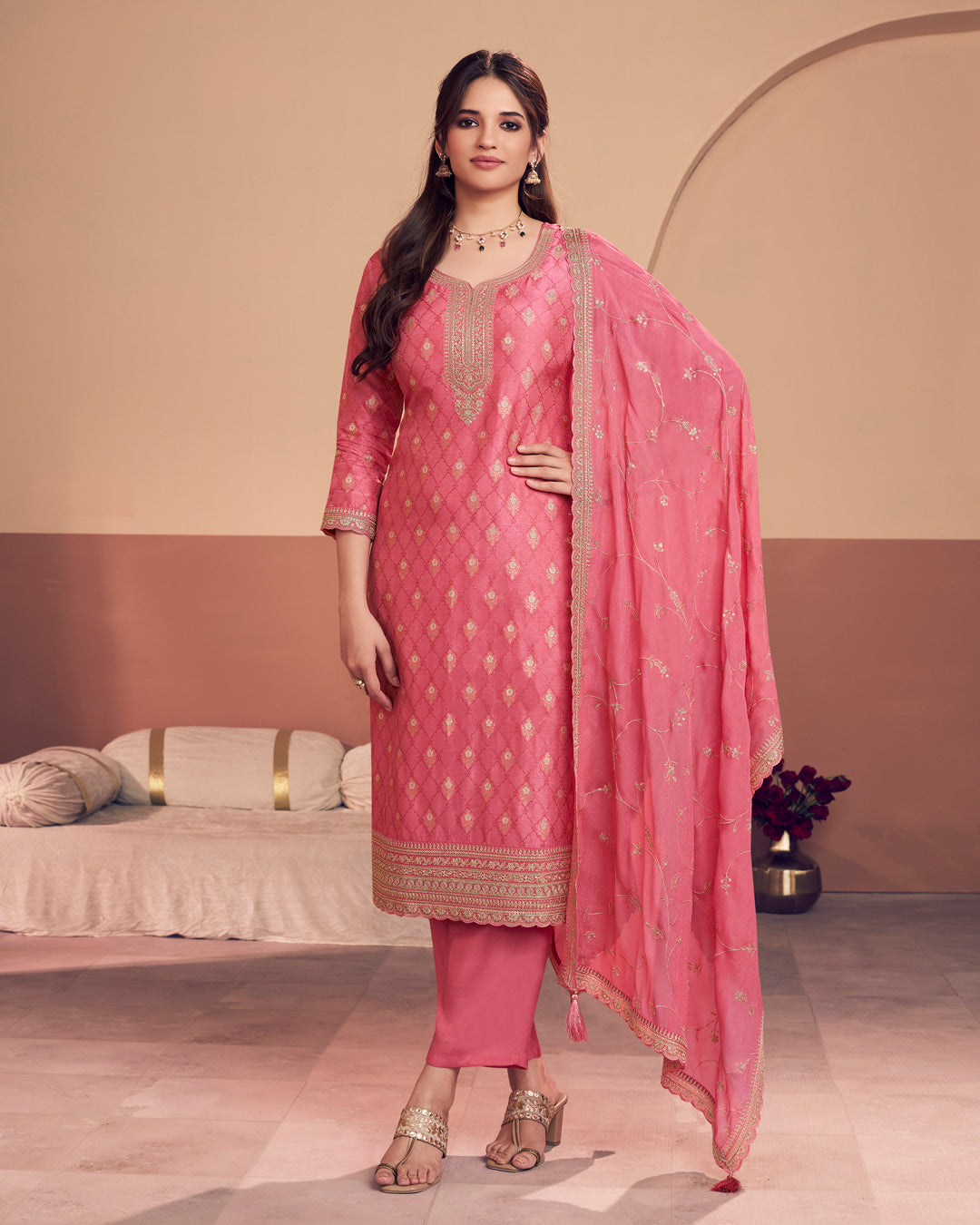 Coral Aura Embellished Dola Silk Pant Set
