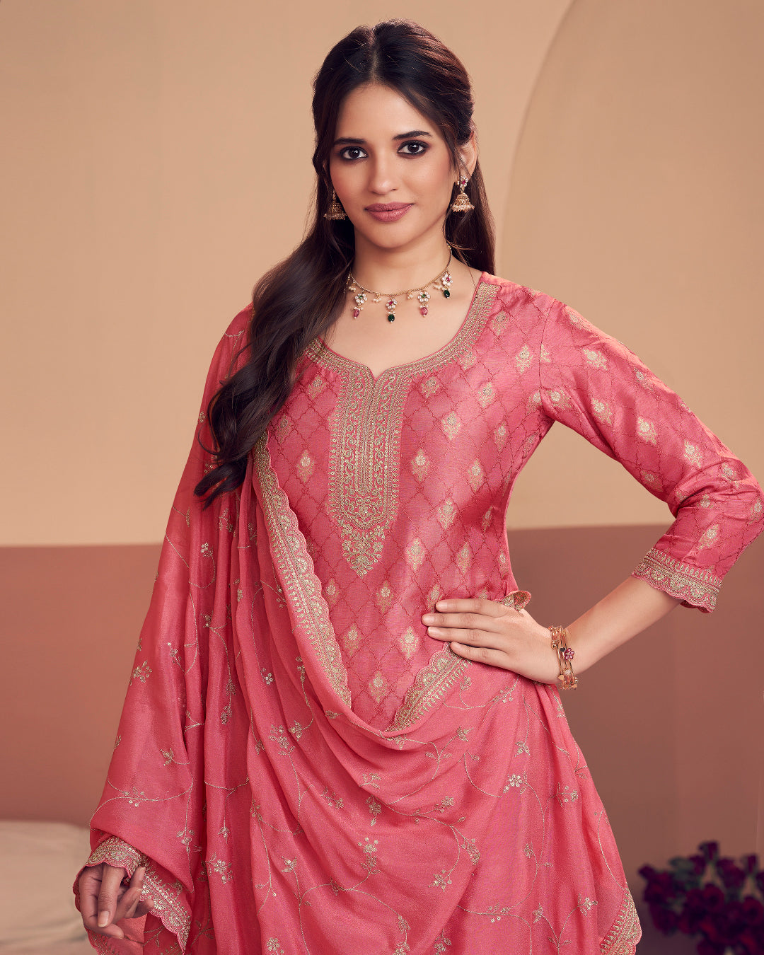 Coral Aura Embellished Dola Silk Pant Set