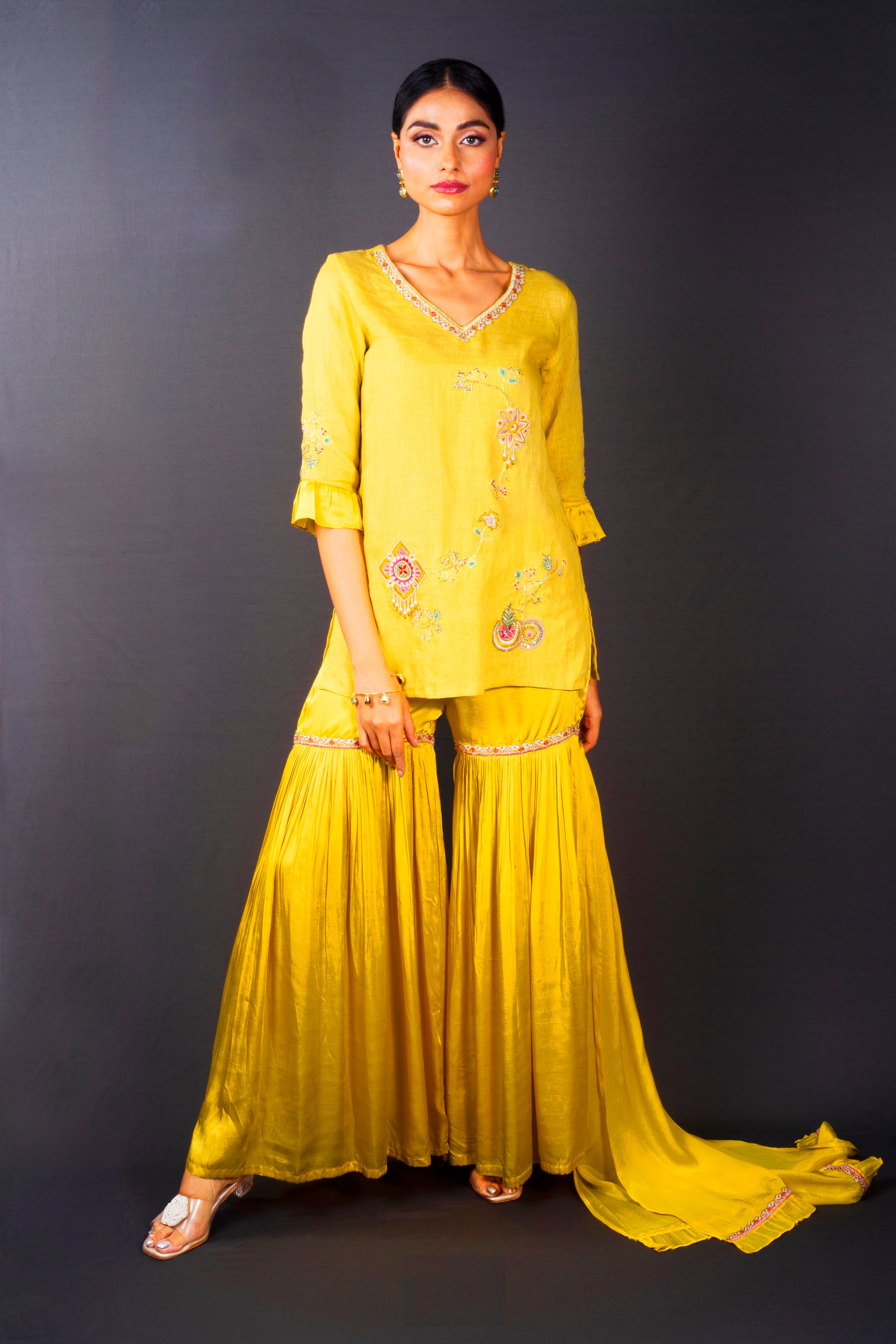 Mustard Yellow Embellished Satin Silk Sharara Set