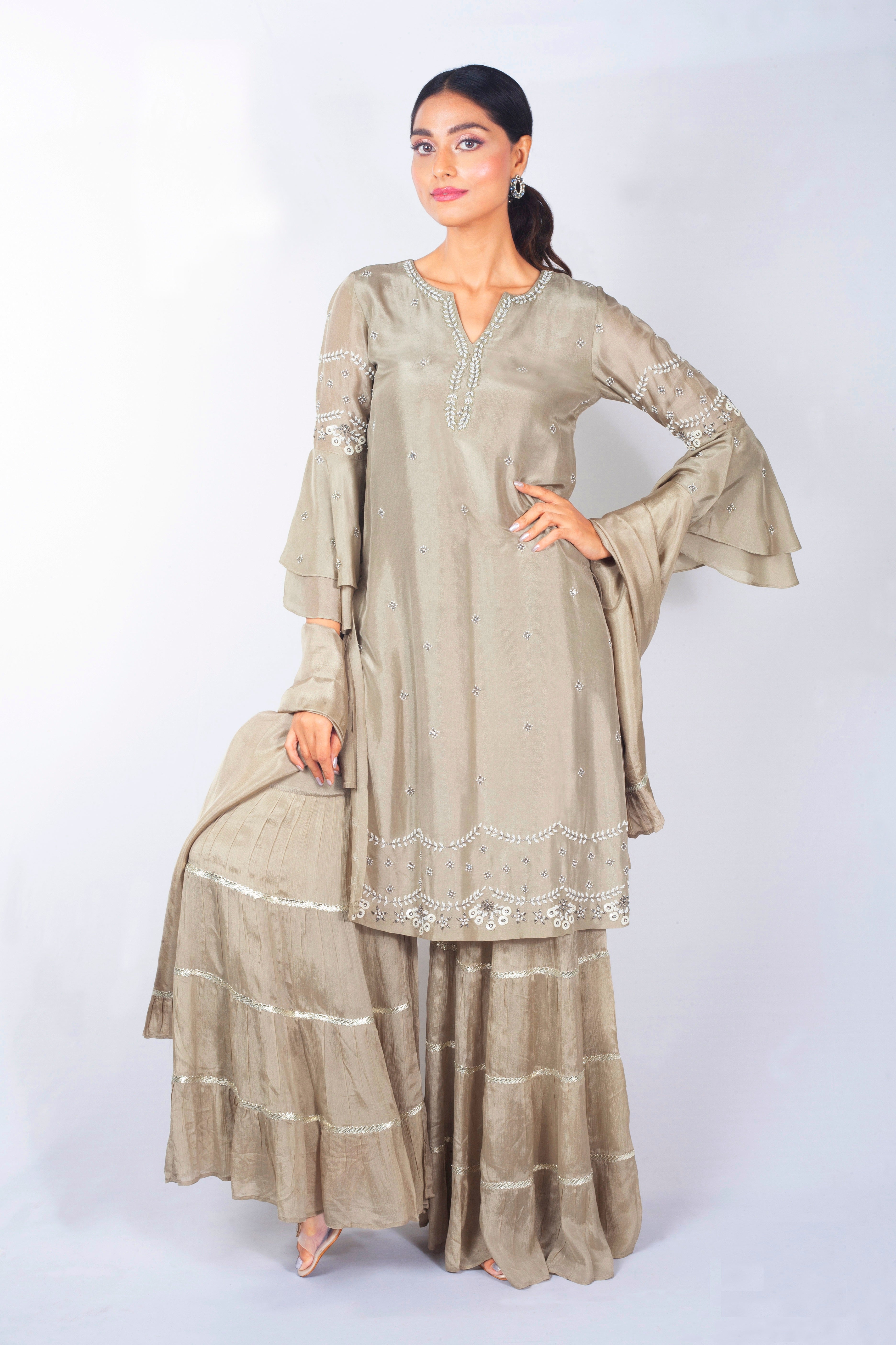 Light Grey Embellished Satin Silk Sharara Set