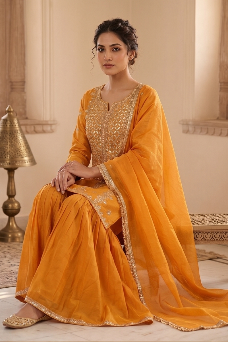 Mustard Yellow Tissue Silk Sharara Set