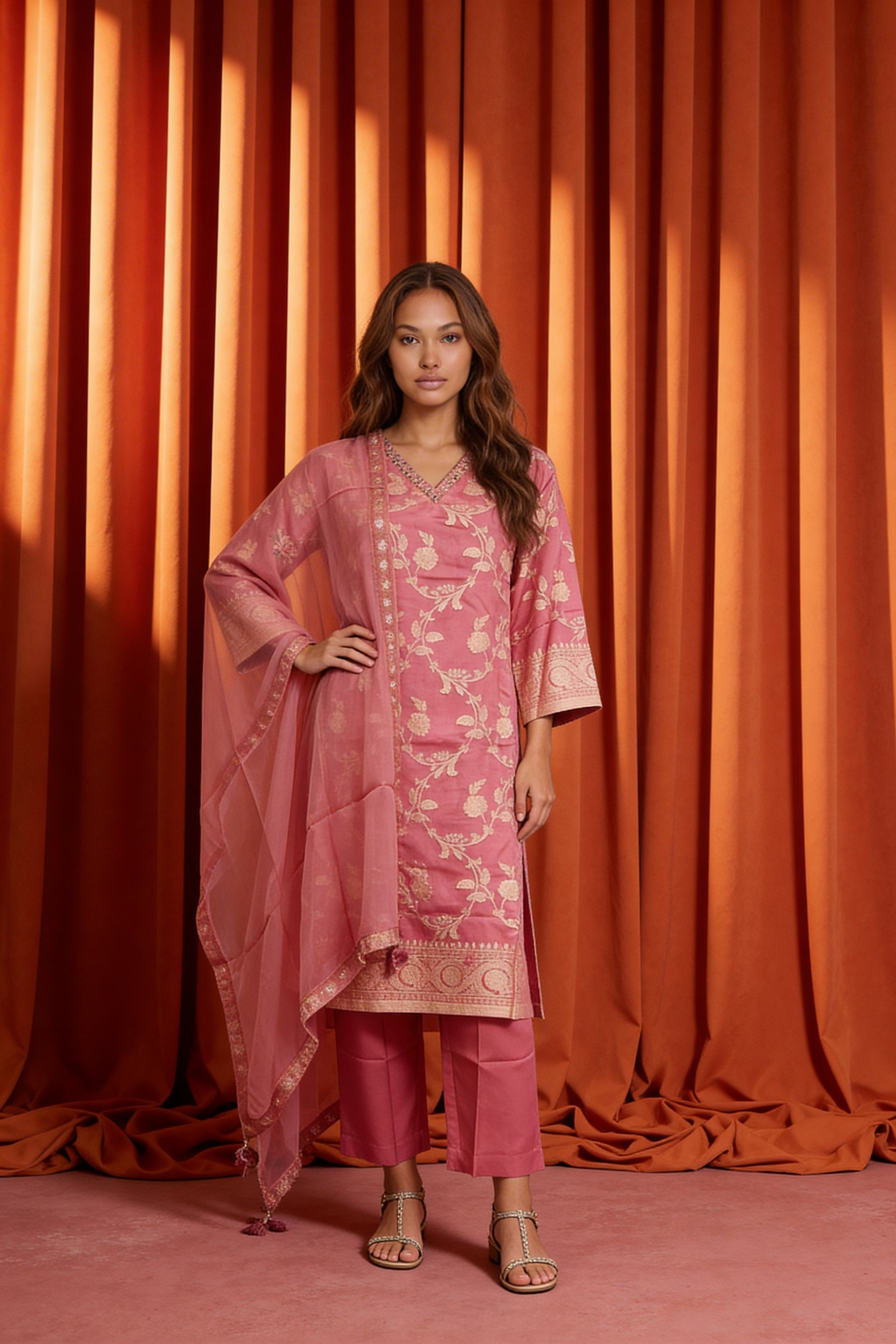 Pink Embellished Brocade Silk Kurta Set