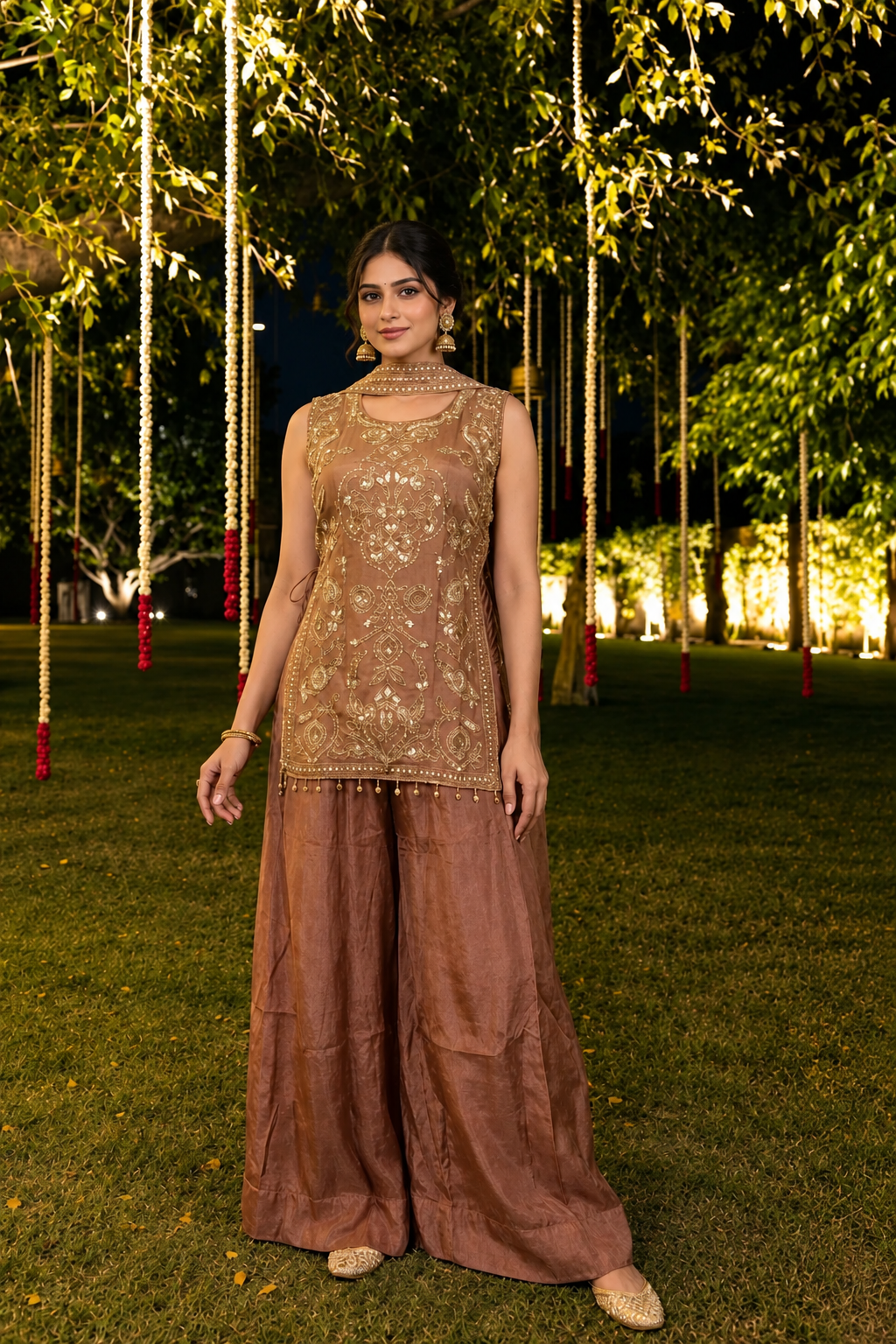 Peach Dust Embellished Shimmer Silk Palazzo Set