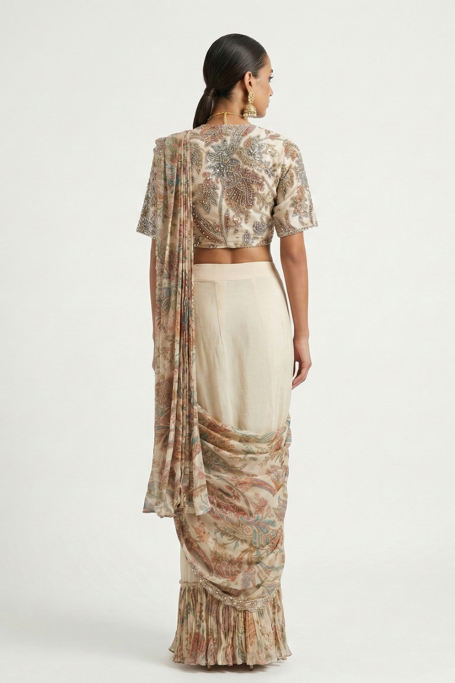 Vanilla Cream Embellished Crushed Silk Draped Saree
