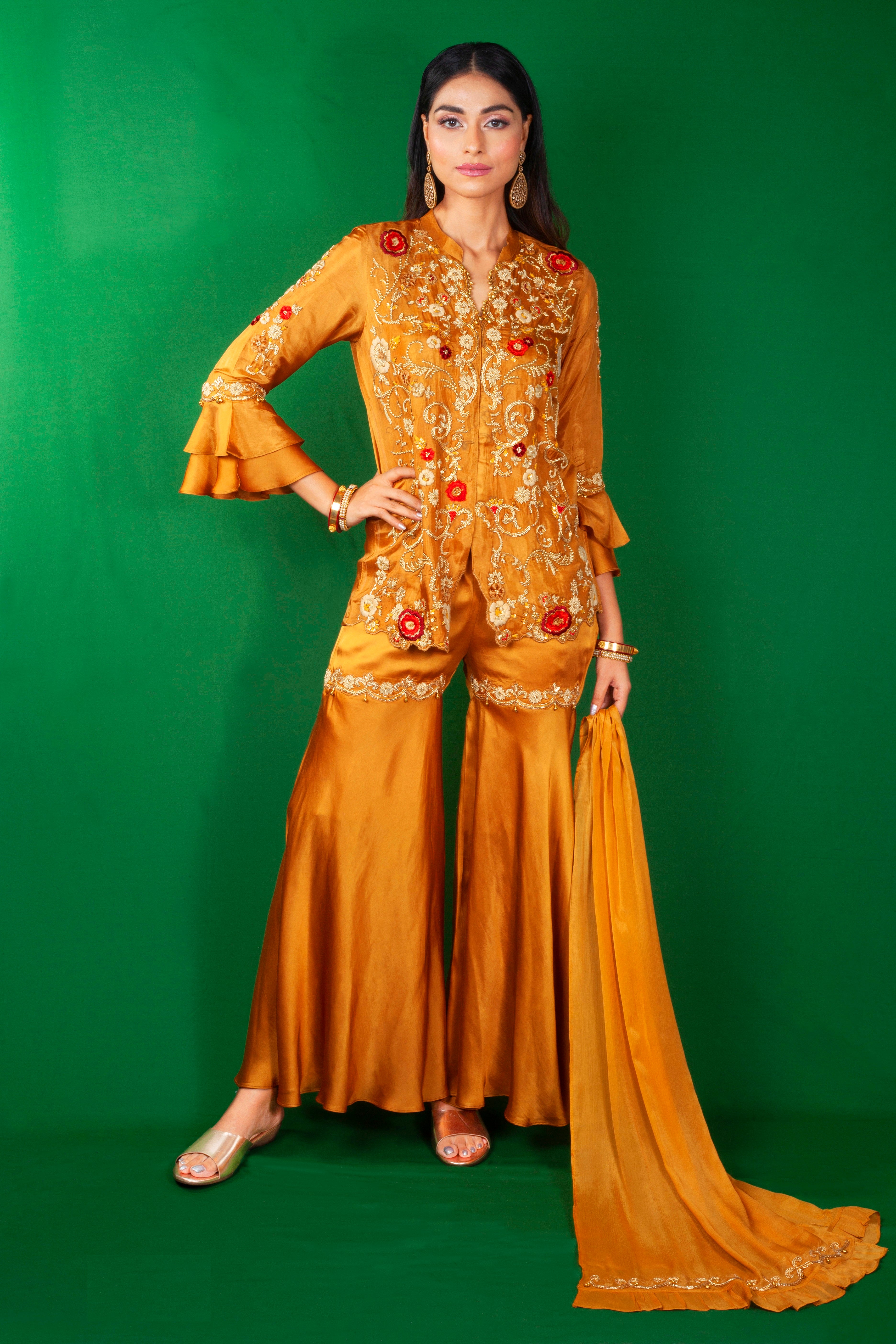 Dark Orange Embellished Satin Silk Sharara Set
