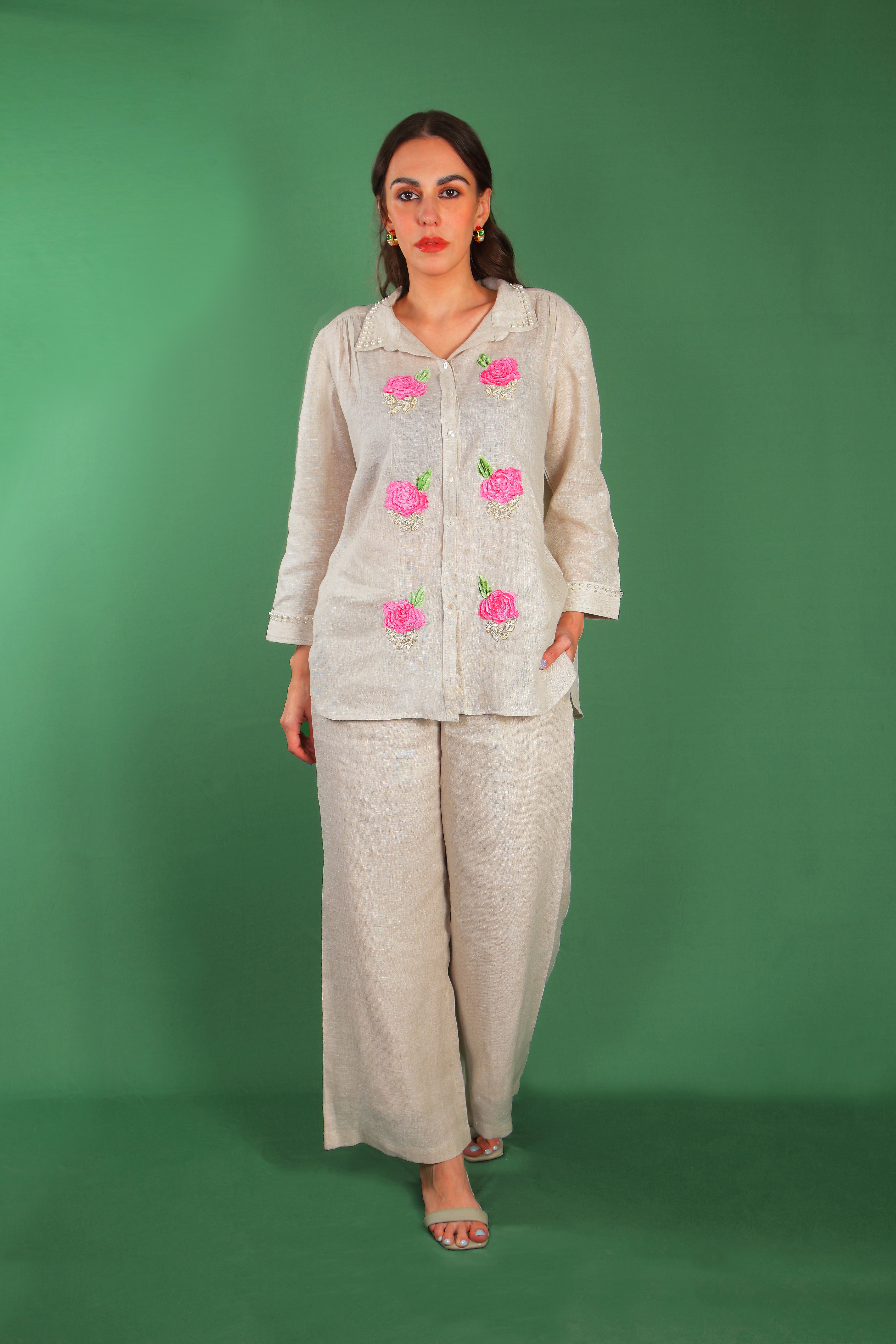 Beige Blossom Embellished Linen Co-Ord Set