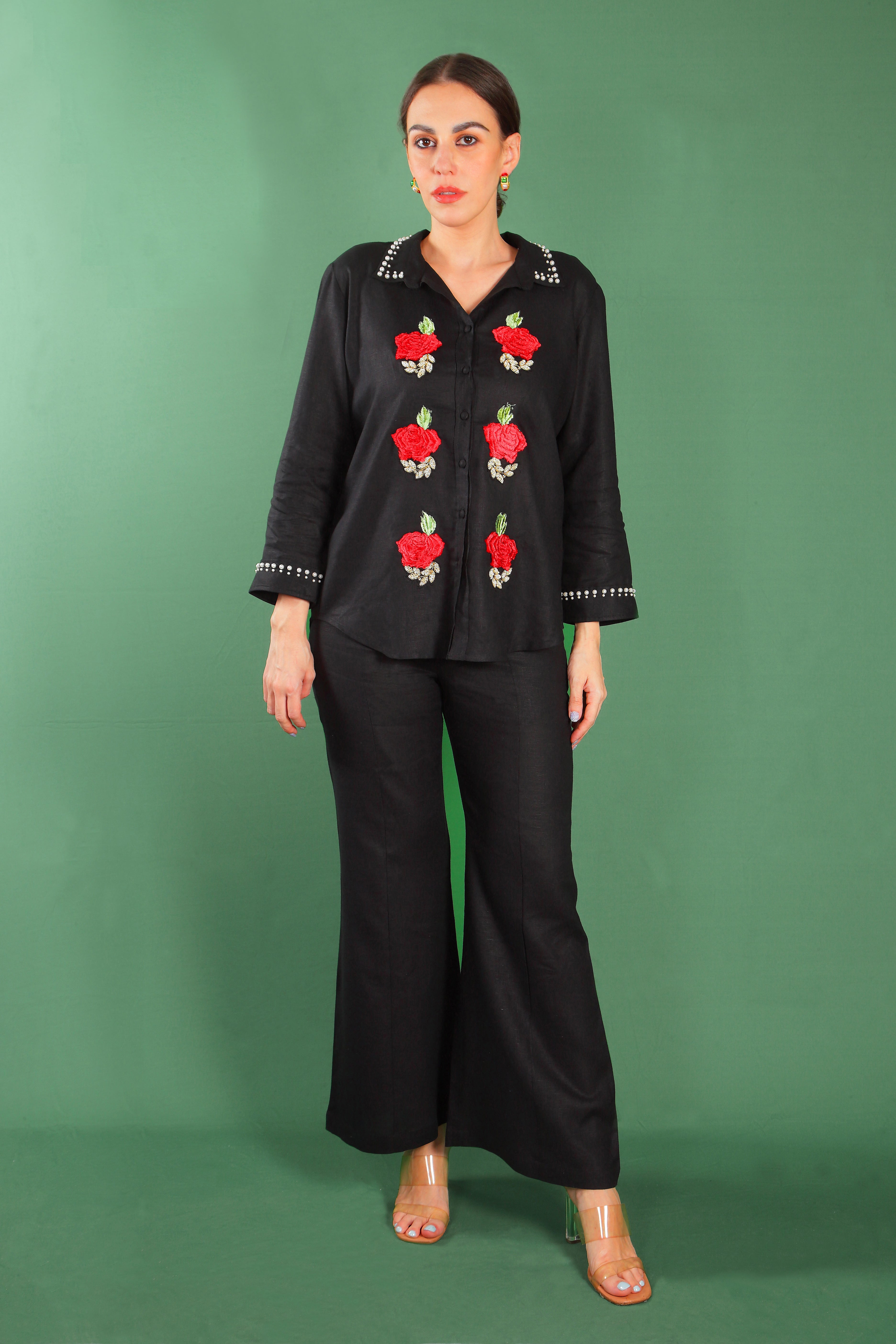 Midnight Blossom Embellished Linen Co-Ord Set