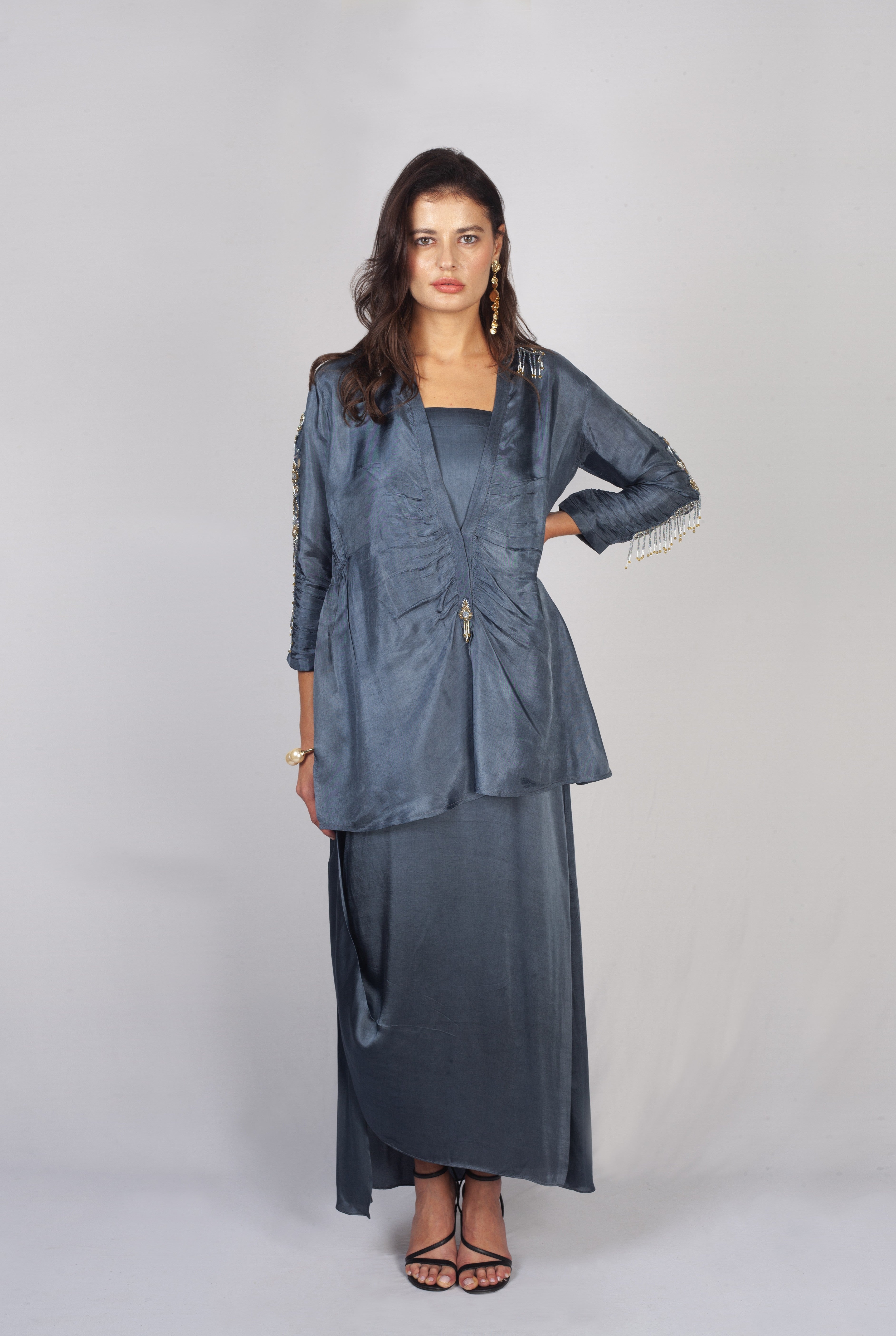 Steel Grey Embellished Uppada Silk Jacket Skirt Set