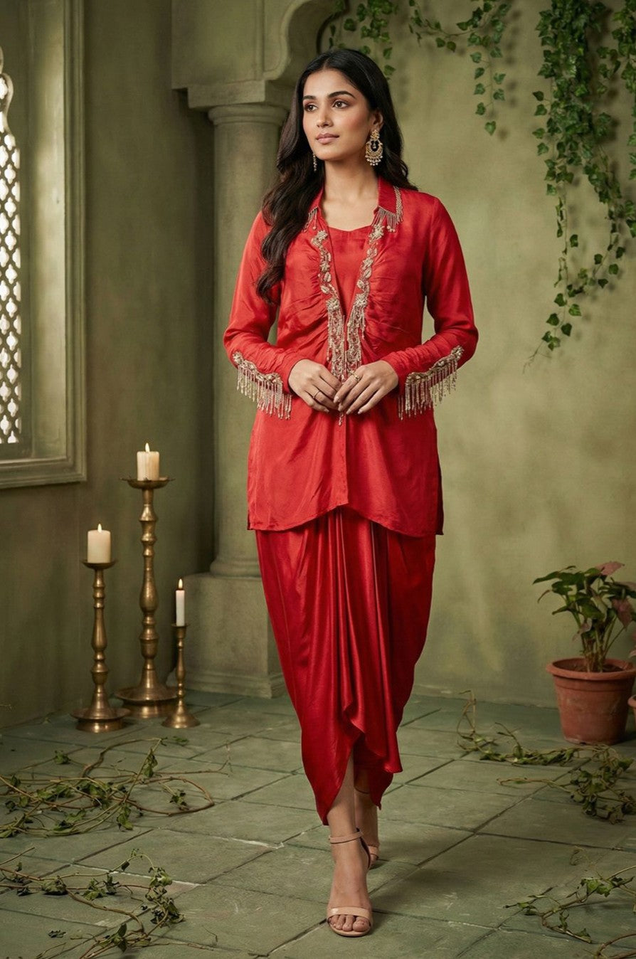 Ruby Crimson Embellished Satin Silk Jacket Skirt Set