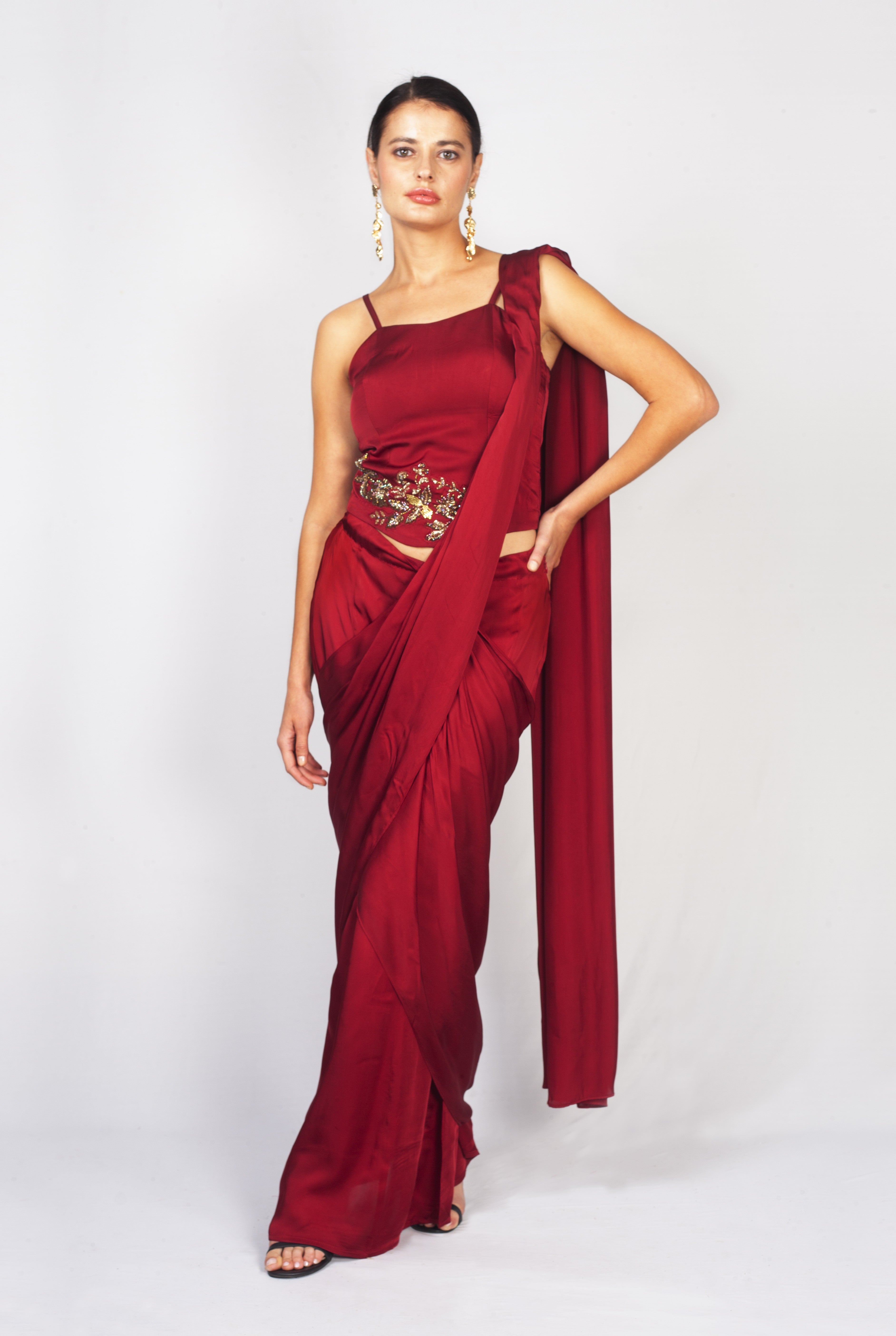 Deep Red Embellished Satin Silk Pre-Draped Saree