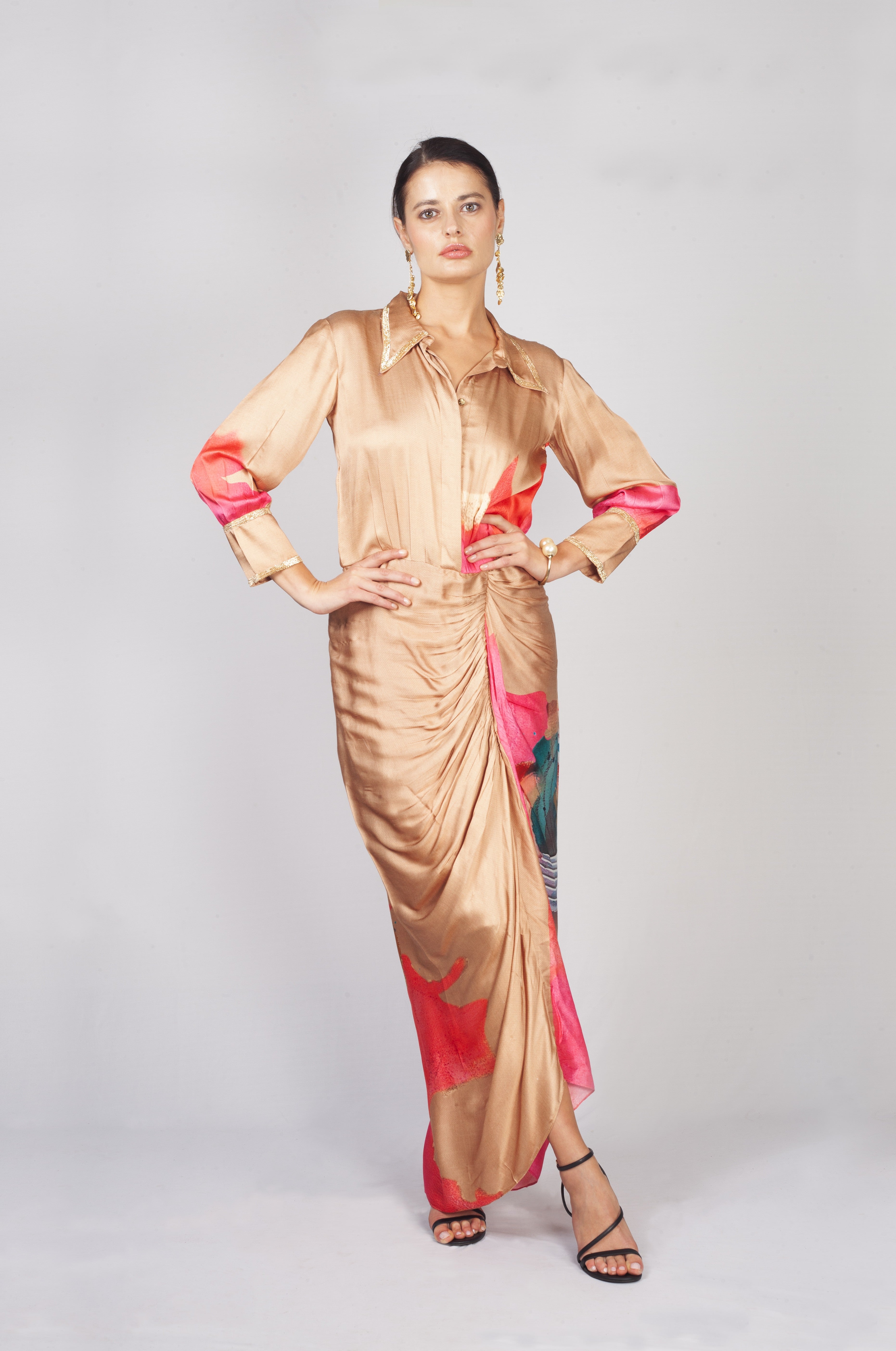 Champagne Glaze Printed Satin Silk Shirt Dress