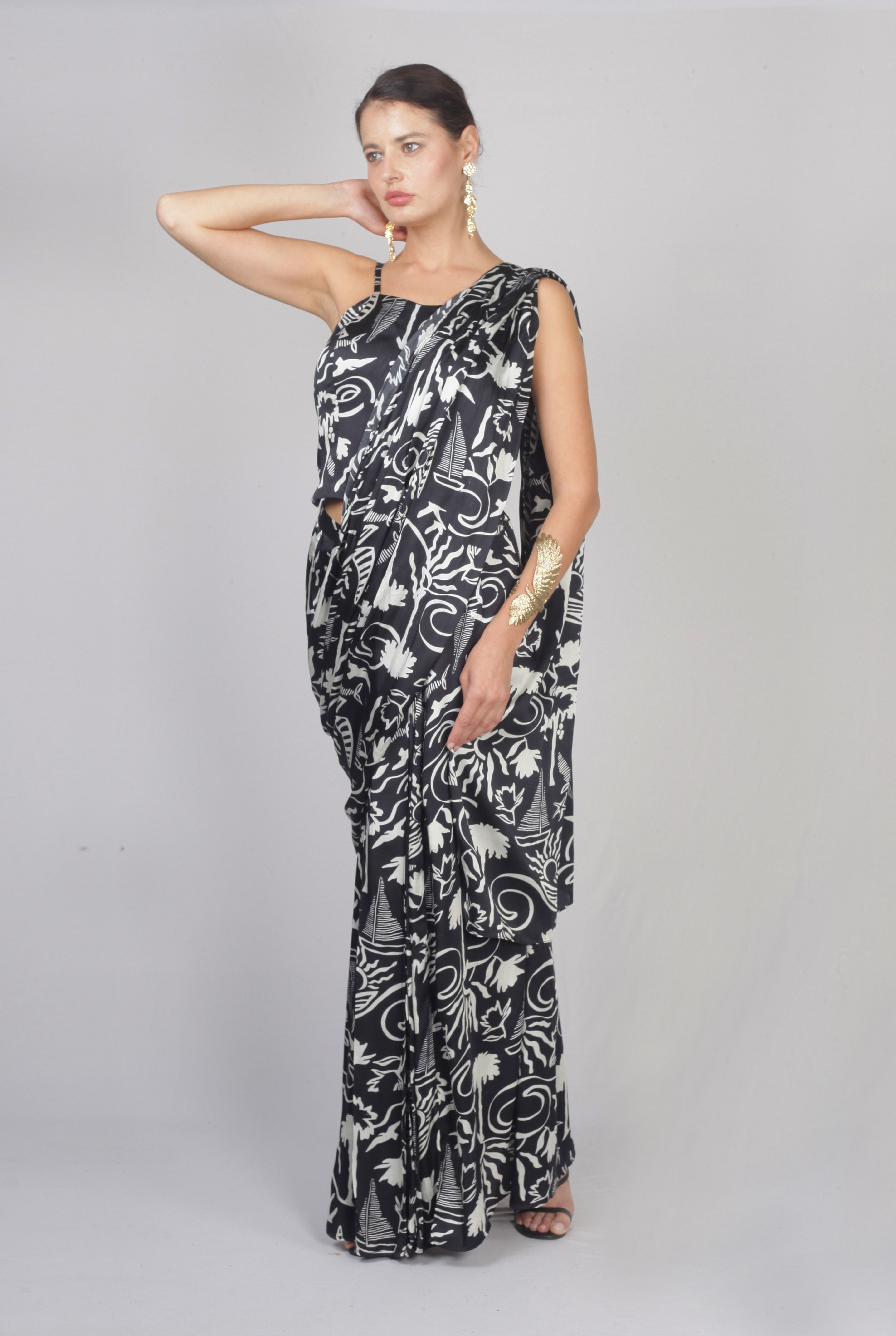 Midnight Noir Printed Satin Silk Pre-Draped Saree