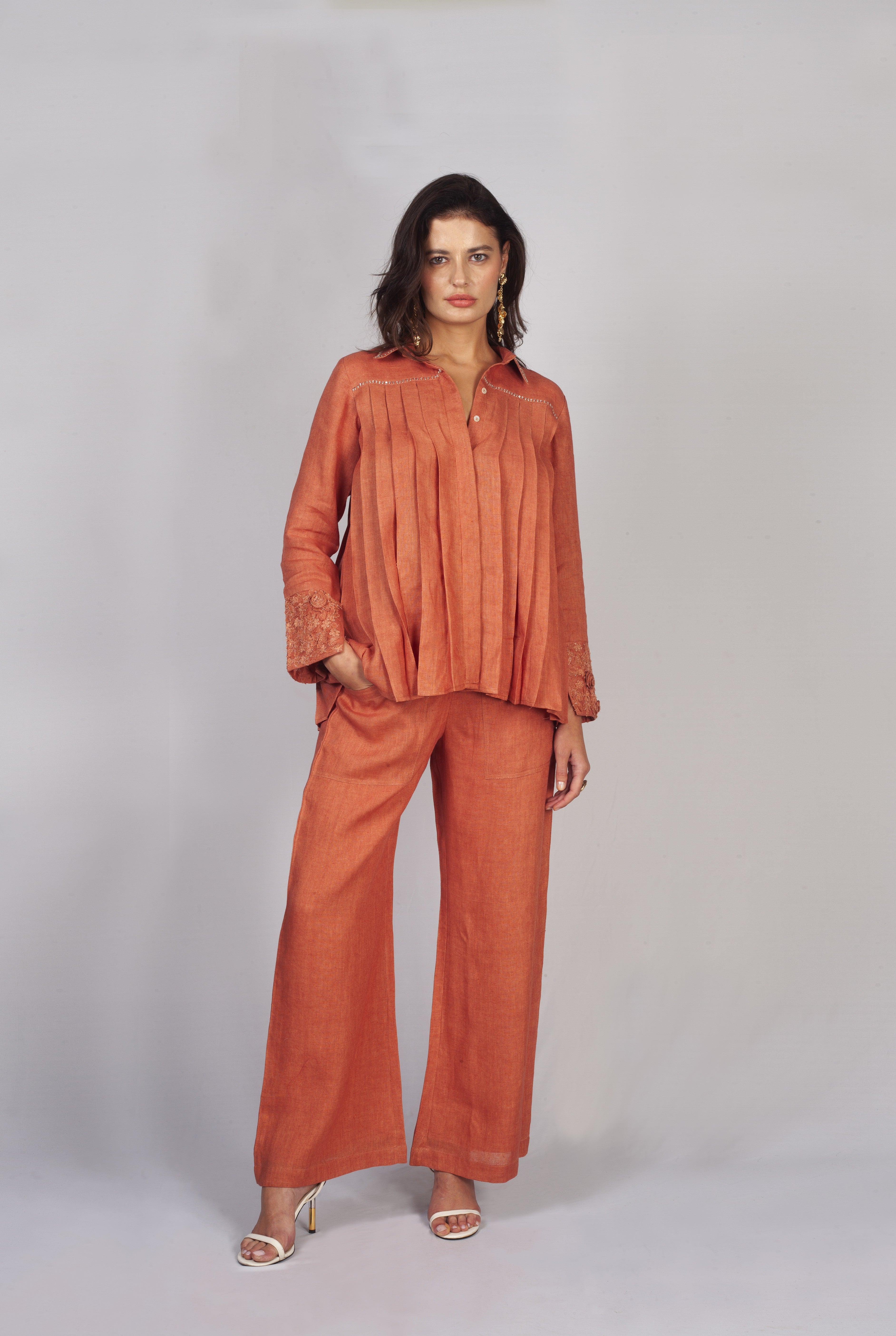 Rust Orange Embroidered Linen Co-Ord