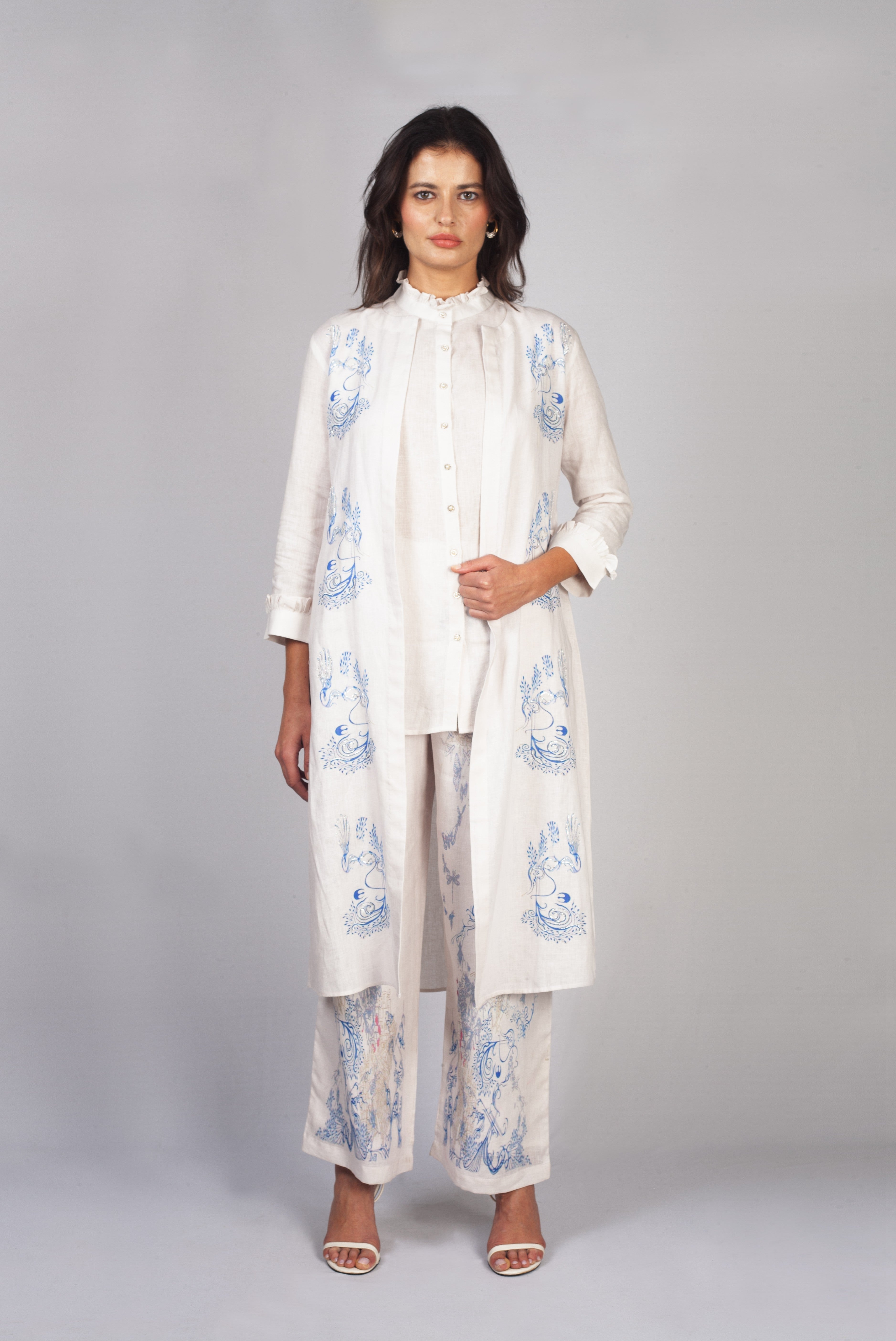 White Azure Printed Linen Jacket Co-Ord Set