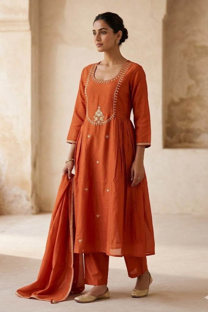 Burnt Orange Embroidered Suit Set