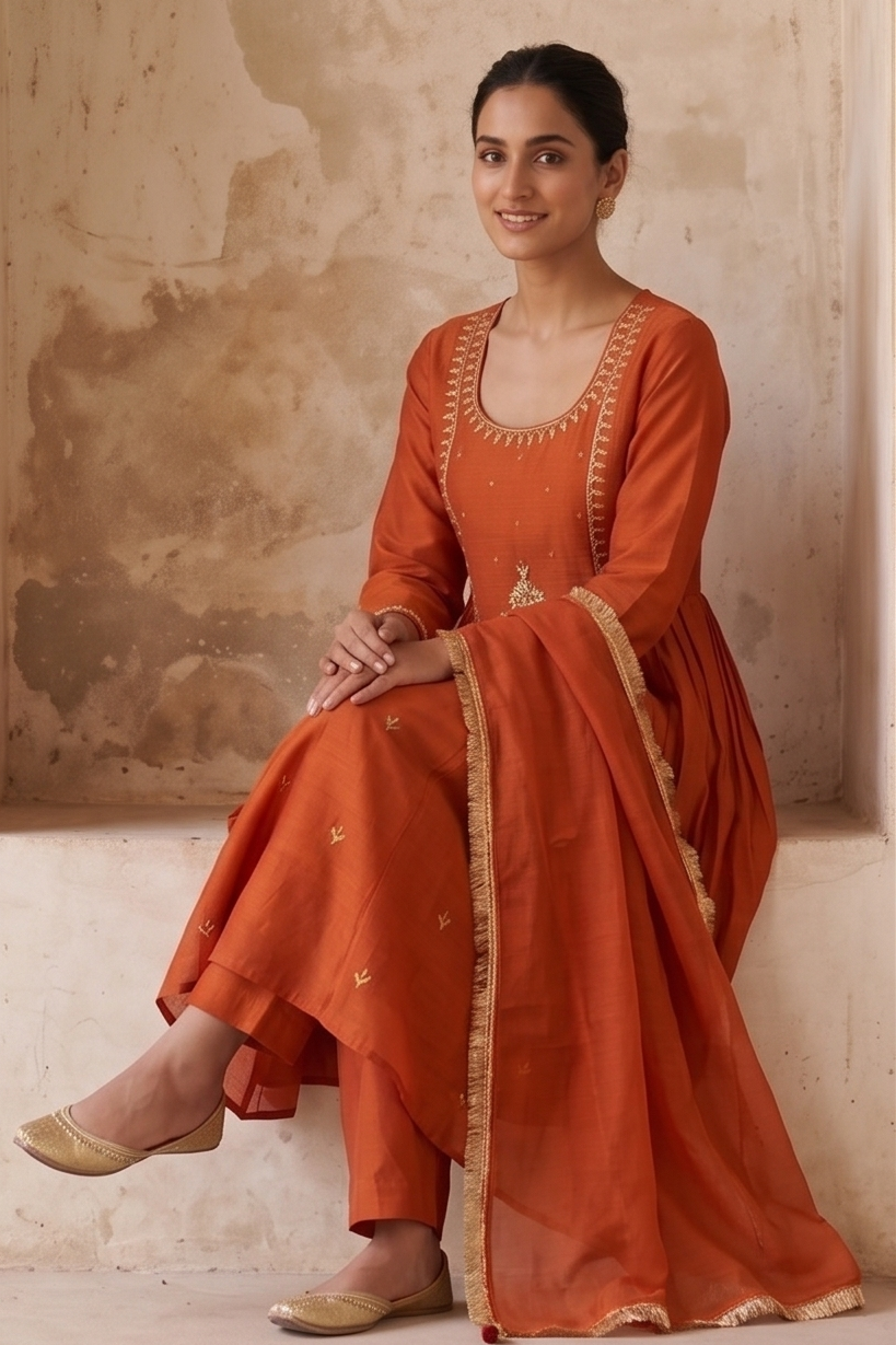 Burnt Orange Embroidered Suit Set