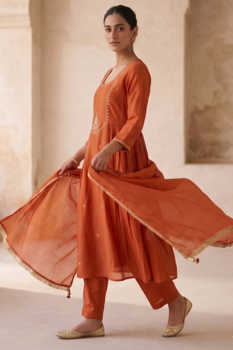 Burnt Orange Embroidered Suit Set
