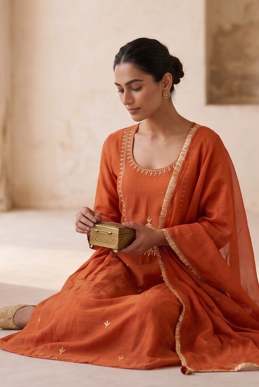 Burnt Orange Embroidered Suit Set