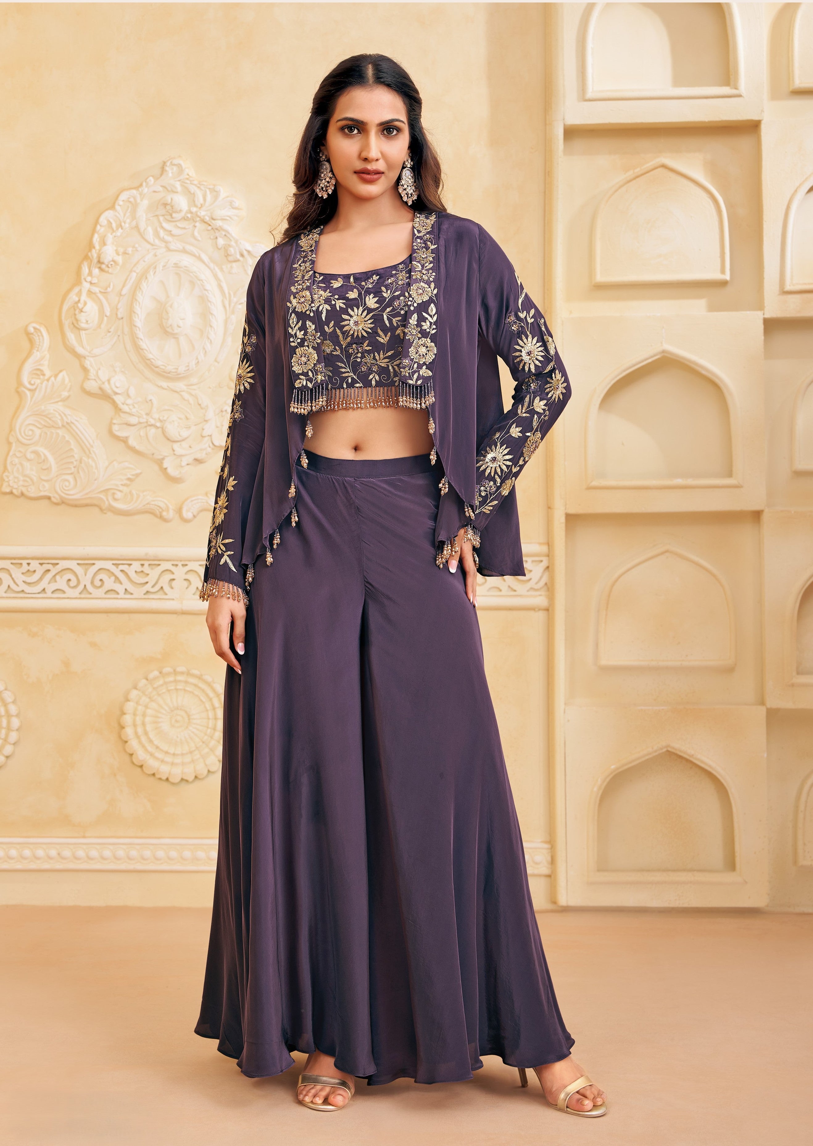 Grape Purple Embellished Crepe Silk Palazzo Set
