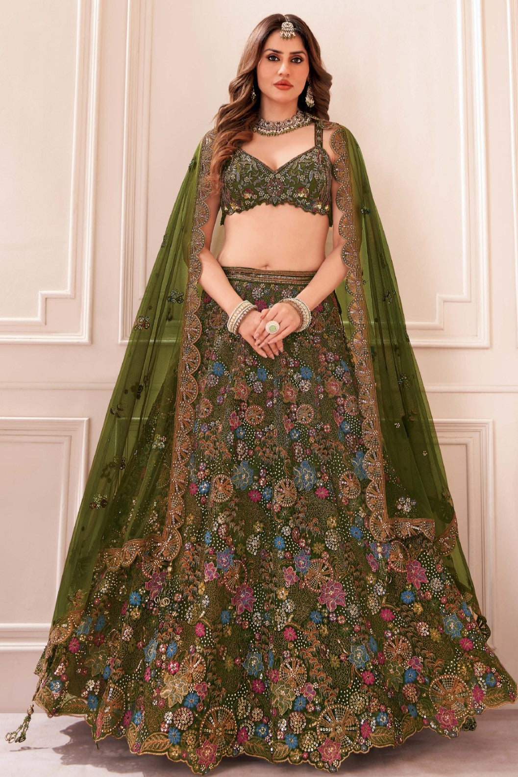 Charismatic Green Embellished Premium Silk Lehenga Set