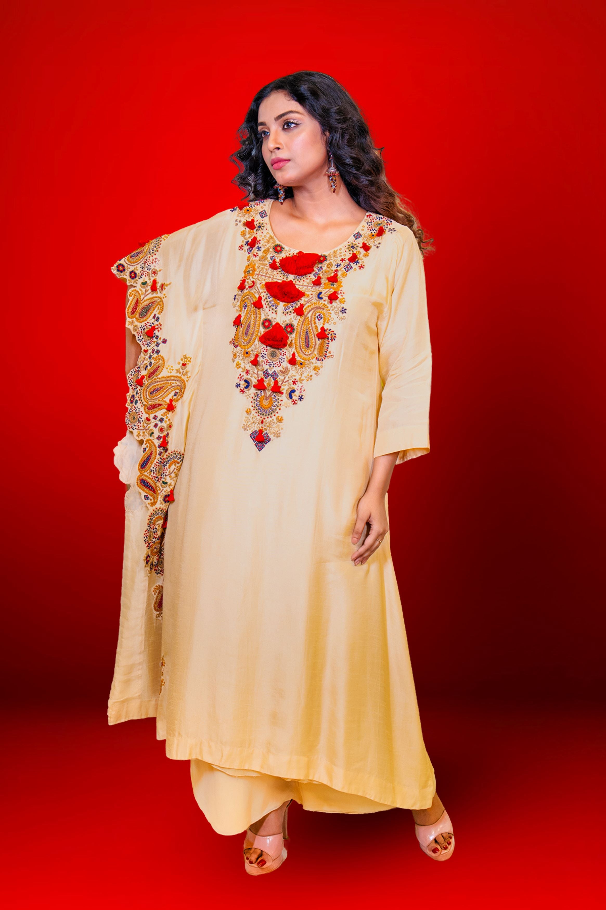 Bright Cream Embellished Chennai Silk Palazzo Set