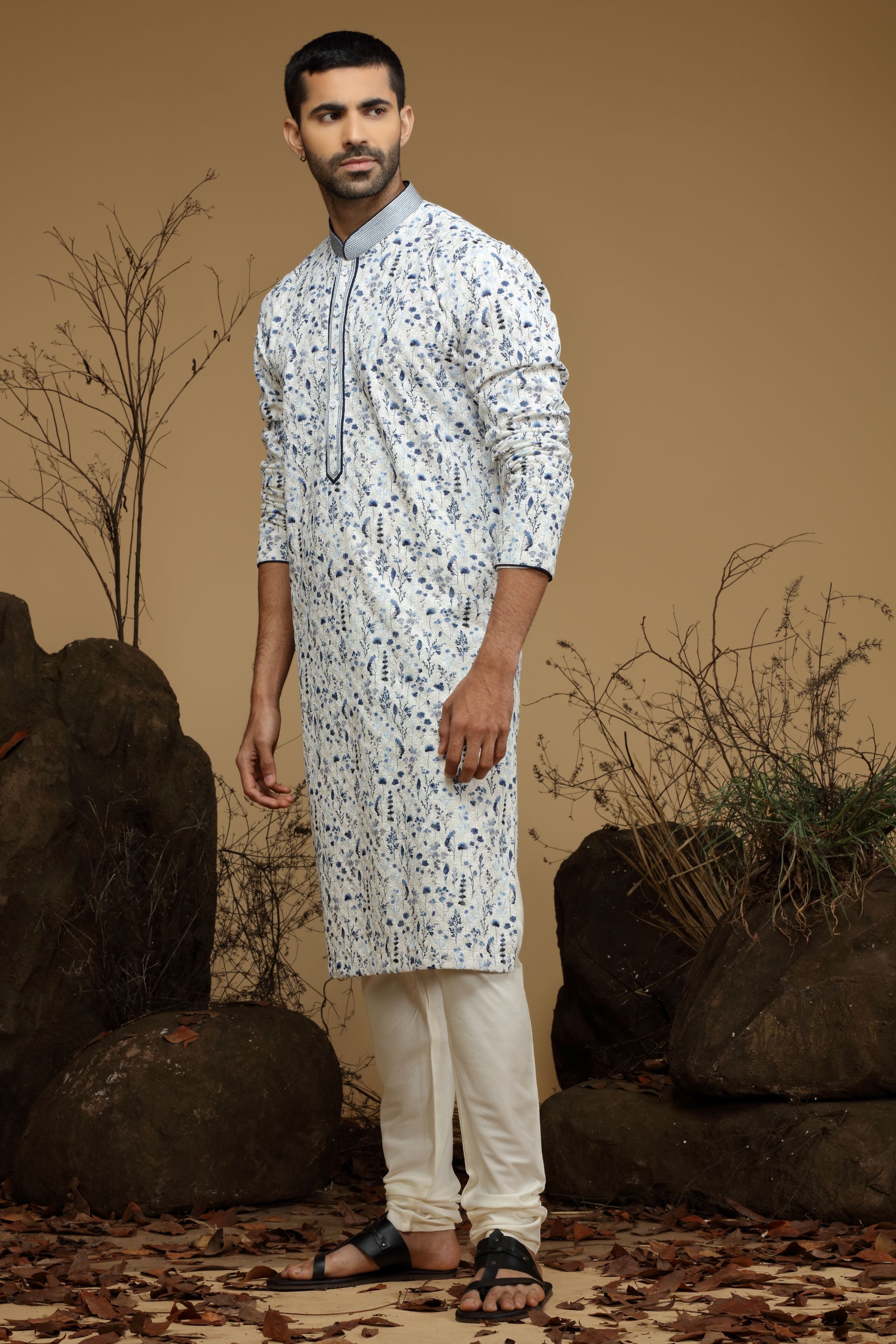 White Blue Floral Printed Cotton Kurta Set  Designed by Kora (Nilesh Mitesh)