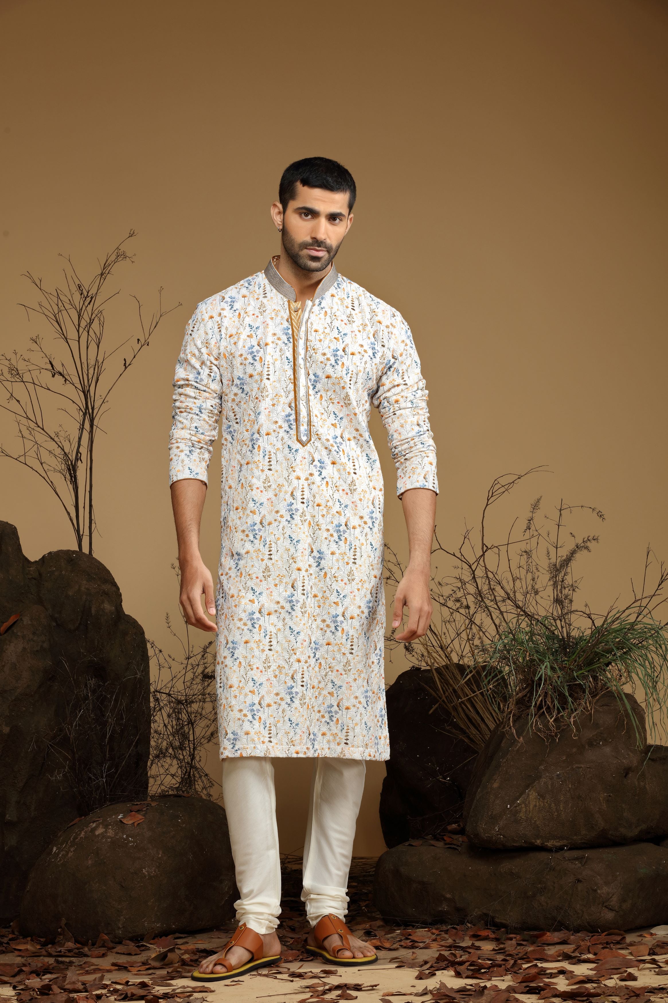 White Floral Yellow Printed Cotton Kurta Set Designed by Kora (Nilesh Mitesh)